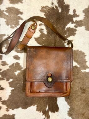 Vintage Brown Leather Crossbody Bag with Brass Accents